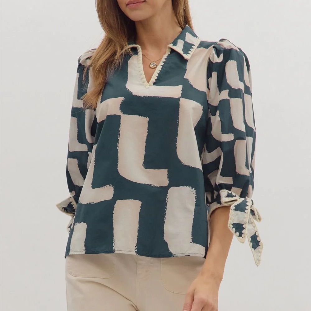 entro Teal and Cream Abstract Collared V-Neck Blouse